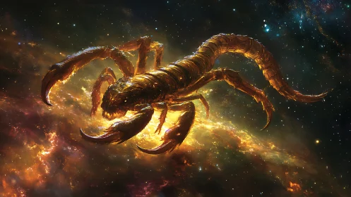 Celestial scorpion drifting through glowing star clouds.