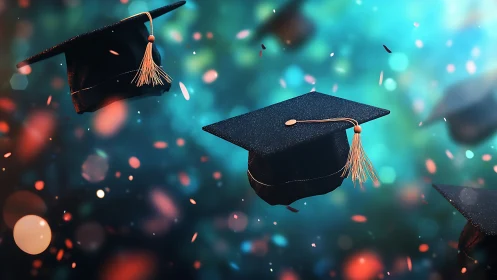 Graduation caps are suspended midair against blurred bokeh field