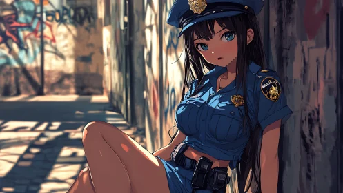 Anime police officer resting in sunlit alley with strong rim lighting