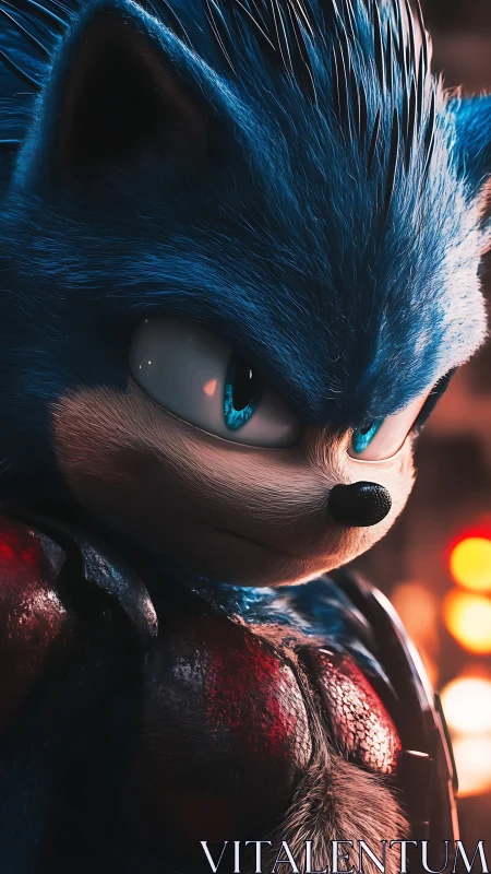 Blue anthropomorphic hedgehog hero in intense close-up shot.