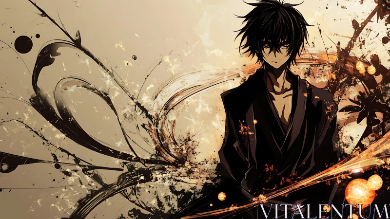 Dark robed anime figure stands amid dynamic abstract energy arcs