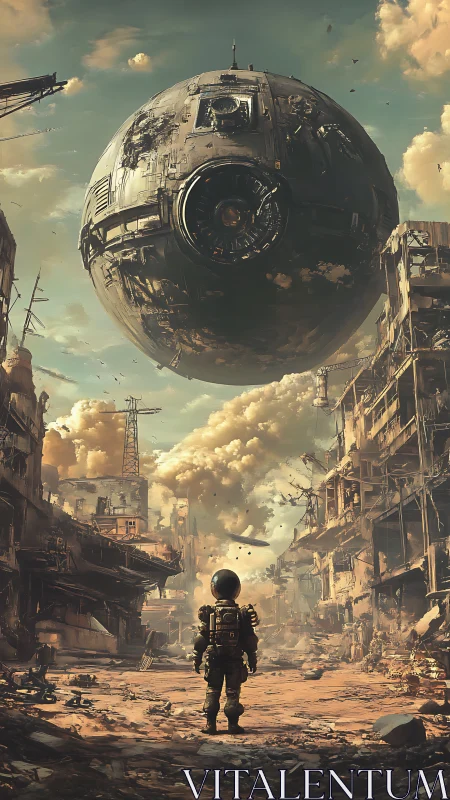 Orbital war sphere above child explorer in ruined cityscape.