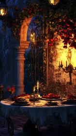 Digital painting of candlelit rustic courtyard feast tableau.