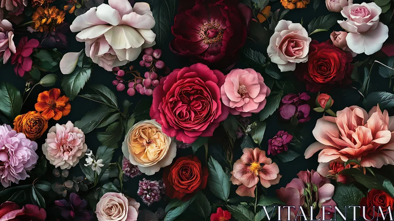 Lush Garden Blooms on Dark Background.