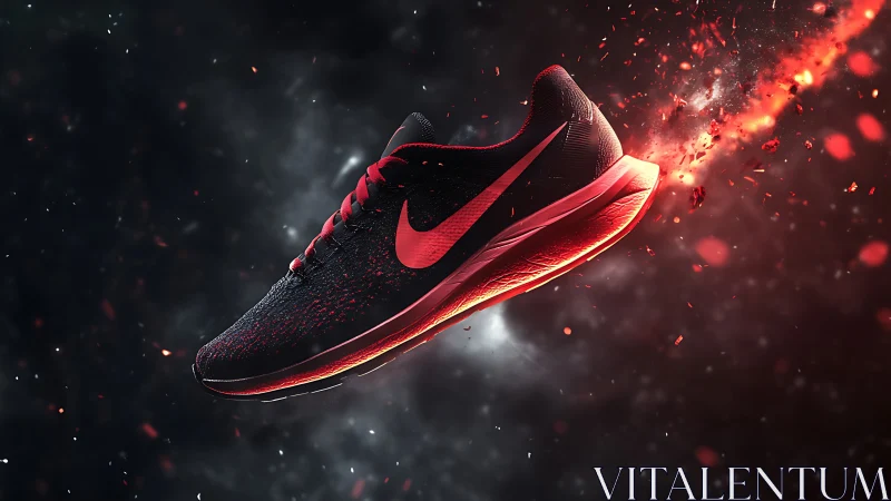 High-contrast red-black running shoe rendered with dynamic particle trail