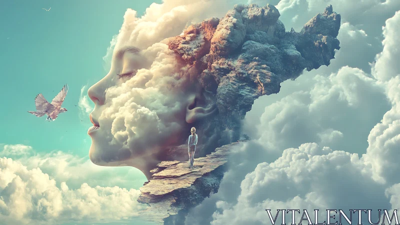 Surreal cloud-formed female profile merges with rocky cliff pathway