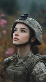 Photorealistic portrait of young soldier in soft defocused field.