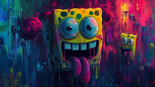 Neon glitch sponge characters in dripping abstract graffiti
