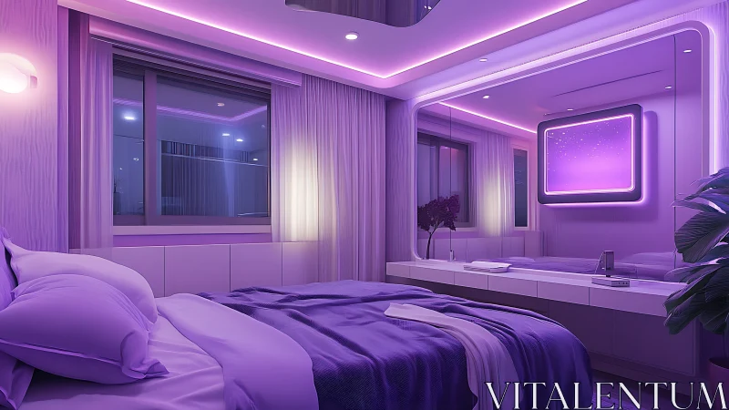 Neon-lit modern bedroom with integrated LED cove lighting and mirror