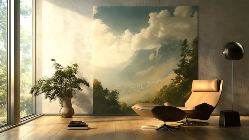 Sunlit reading corner opens onto a dreamy mountain vista