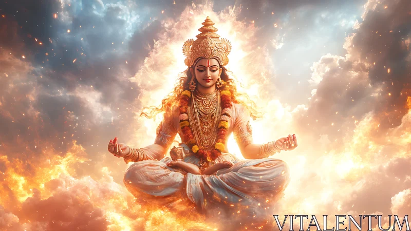 Divine goddess in fiery clouds rendered as digital aura.