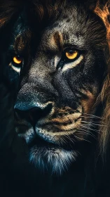 Lion portrait with burning amber eyes in shadowed detail.