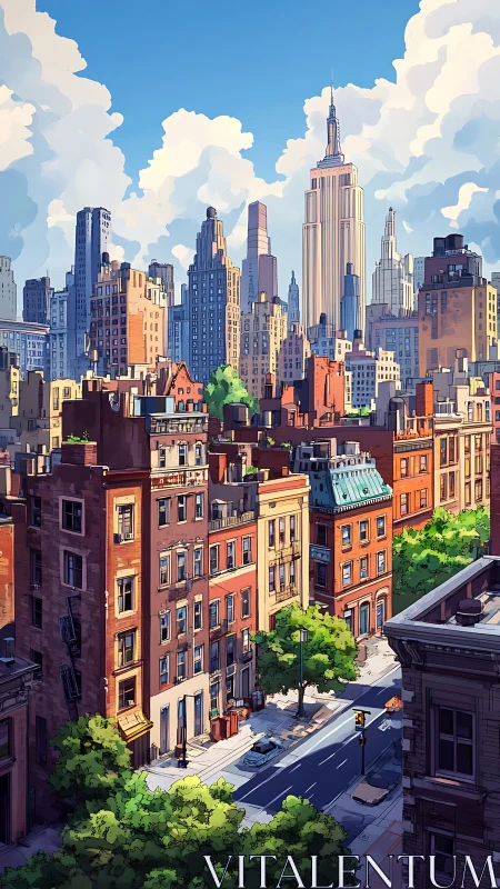 Sunlit city street welcomes a colorful downtown skyline