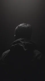 Person viewed from behind stands in dark, focused light