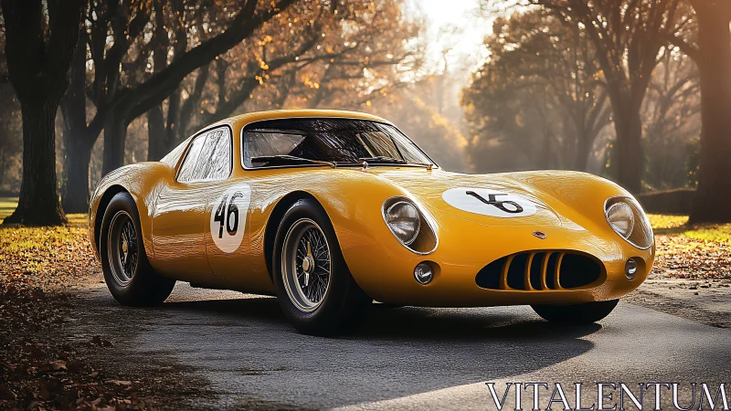 Golden vintage race car glows softly in a peaceful autumn park