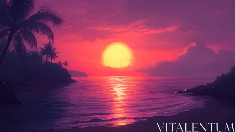 Sunset paints tropical shores in glowing neon hush