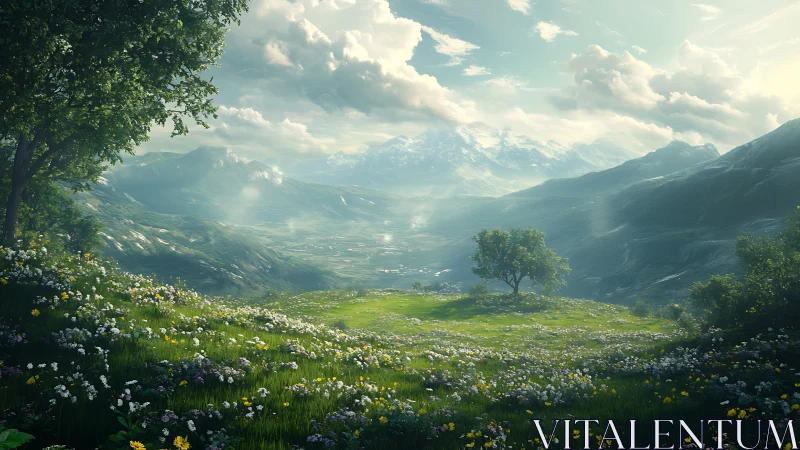 Wildflower valley basking beneath luminous mountain horizons.