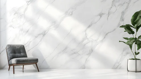 Sunlit marble corner with cozy chair and leafy plant.