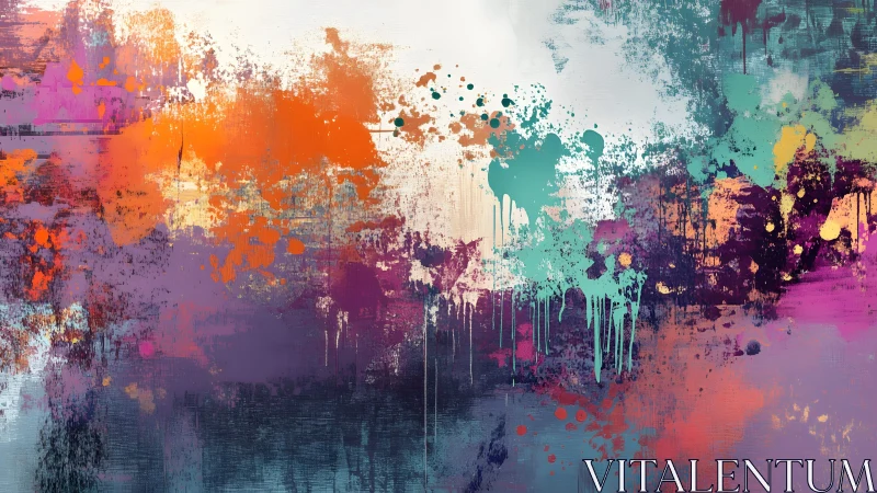 Vibrant abstract canvas with colorful paint splashes and drips.