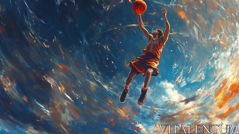 Basketball player leaping toward hoop in swirling sky art.
