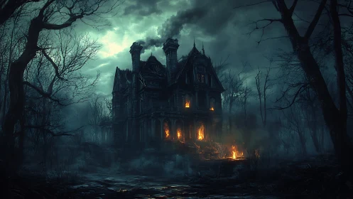 Gothic manor engulfed in selective interior combustion at dusk.