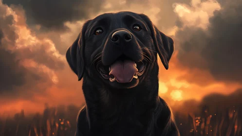 Black labrador portrait set against dramatic sunset clouds