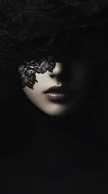 Veiled lips emerge from shadow in a dark, cinematic portrait