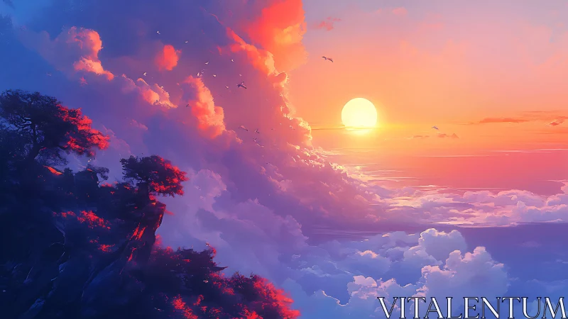 Sunset illuminates towering clouds above cliffside forest