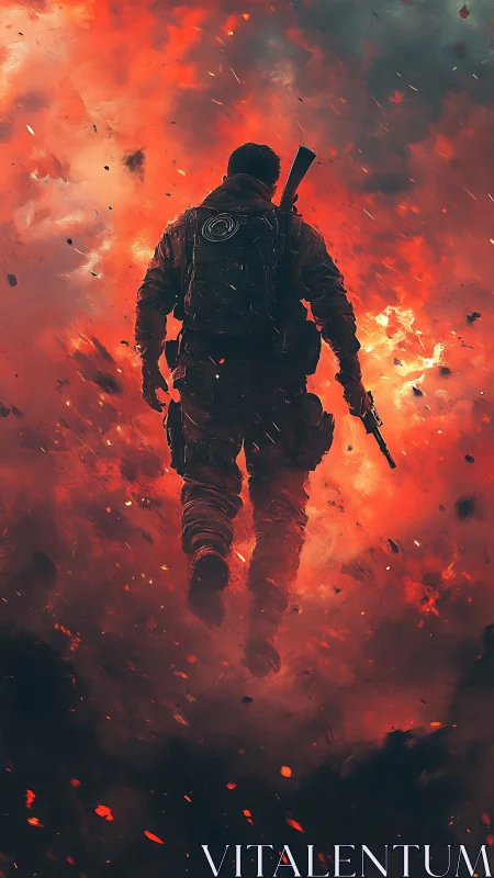 Lone fire-walker soldier strides through a storm of embers.