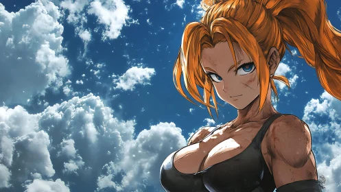 Orange haired anime fighter under daytime clouded sky.