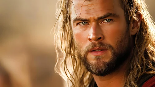 Close-up of long-haired bearded man in warm light.