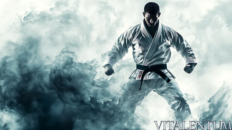 Martial artist in white gi emerging from cinematic smoke field.