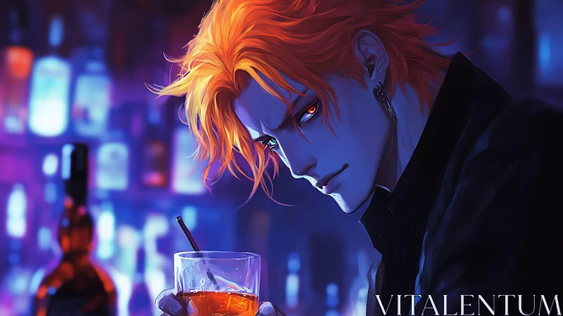 Cyan lit anime bartender with orange hair holds reflective whiskey glass