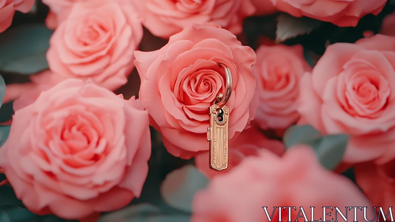 Gold keychain clipped to central pink rose in dense bouquet