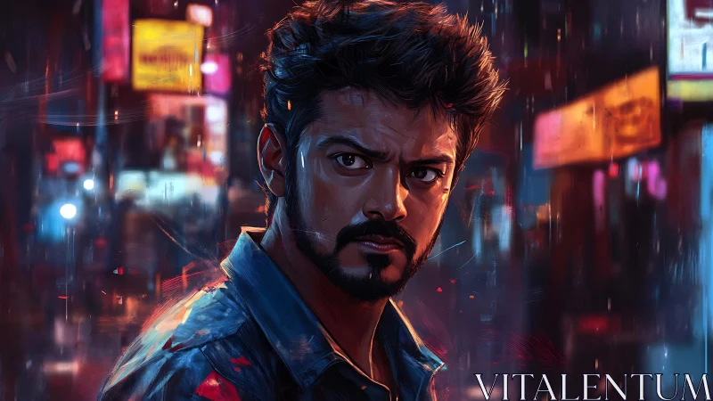 Cinematic portrait of tense man in neon lit rainy street scene