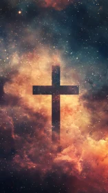 Backlit cross silhouette embedded in dense multicolor nebula field