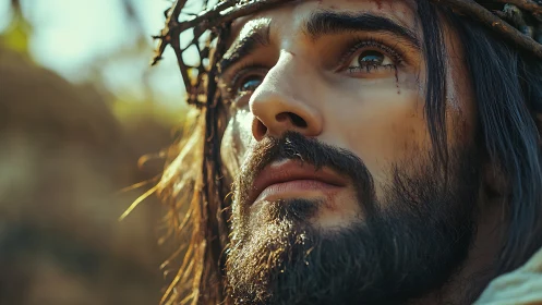 Photorealistic close-up portrait with emotional upward gaze.