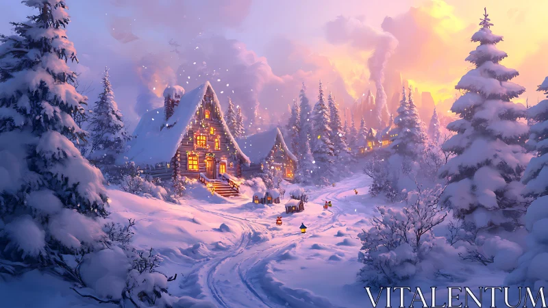 Cozy alpine cabin glows warmly in a tranquil winter snowfall