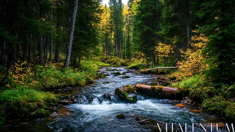 Mountain Stream Through Autumnal Forest Canopy.