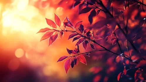 Autumn Leaves Branch with Warm Sunlight, Soft Focus Nature Art.