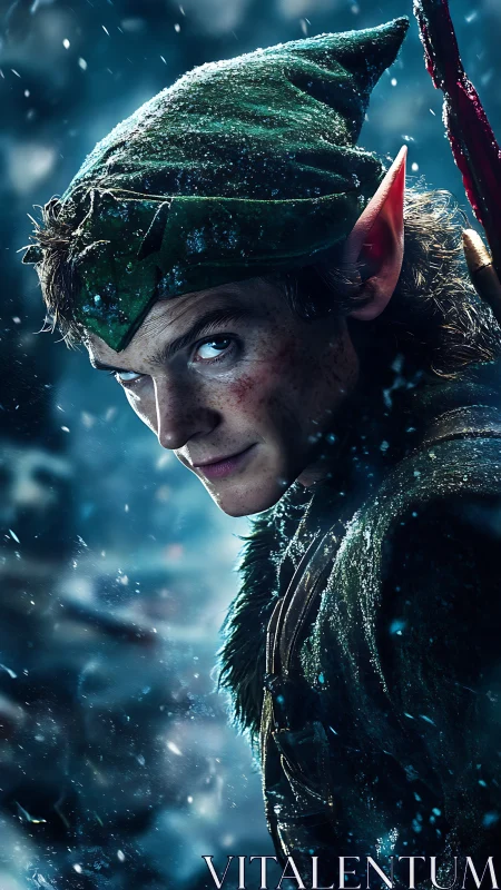 Snow-laden elven archer rendered in dramatic photoreal style