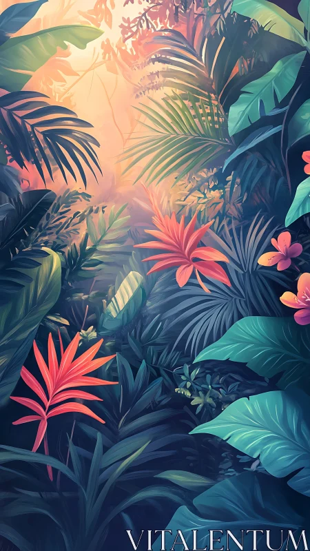 Sunlit tropical jungle glows around vivid coral foliage