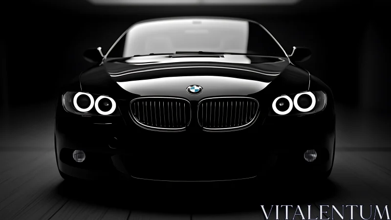 Sleek black BMW coupe front view with glowing halo lights.