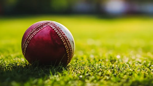 Cricket ball resting on vivid sunlit outfield grass.