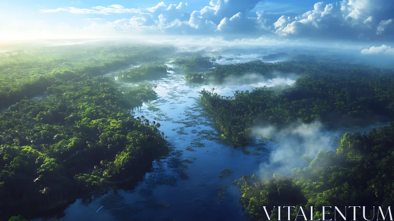 Dense tropical river basin extends under layered morning clouds