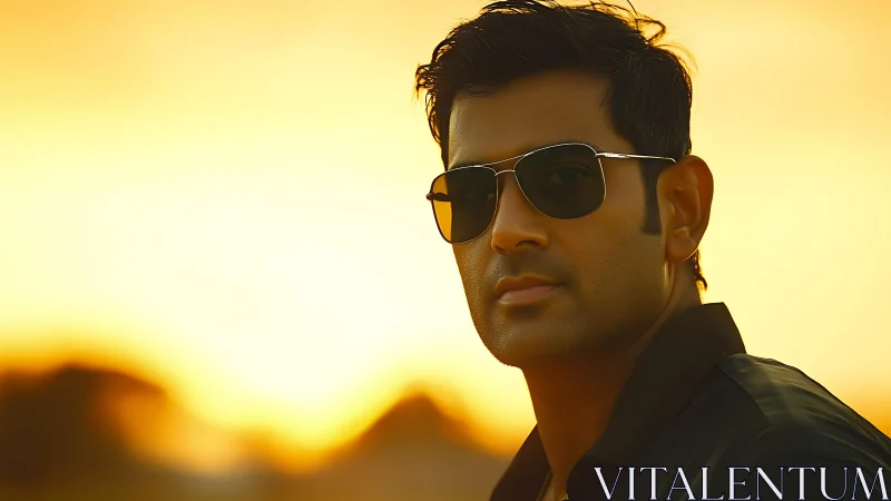 Sunlit portrait of a confident man in sunglasses at dusk
