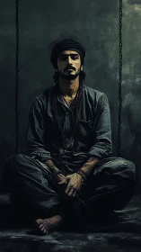 Chain-shadowed mystic resting in charcoal-toned quietude.