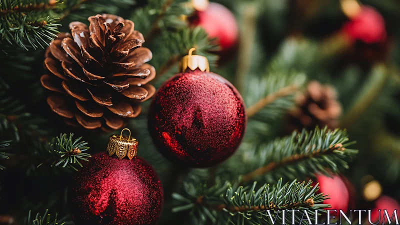 Crimson baubles and pinecones trade whispers on evergreen boughs