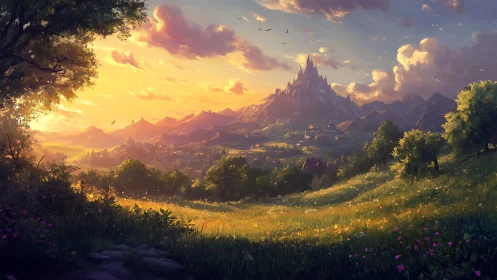 Sunlit fantasy valley with distant spired mountain citadel.