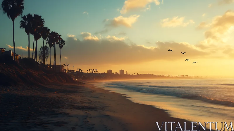 Golden hour waves roll toward a tranquil palm-lined shore
